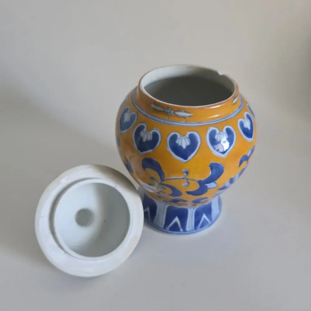 Blue Yellow Ginger Jar Canister with Lid Floral Heart Motif 7.5